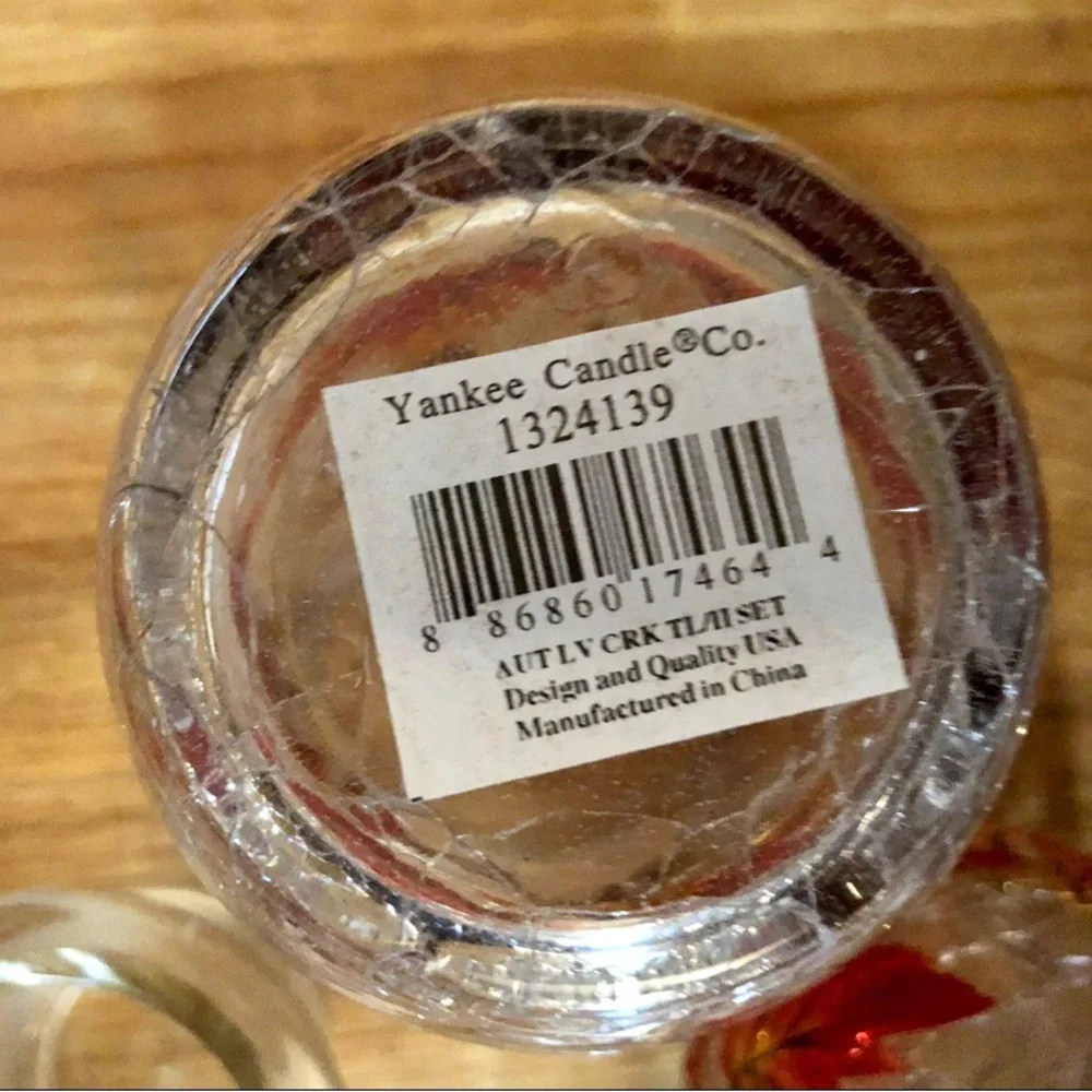 Yankee Candle AUTUMN LEAVES Crackle Glass Tea-light Candle Holder Set